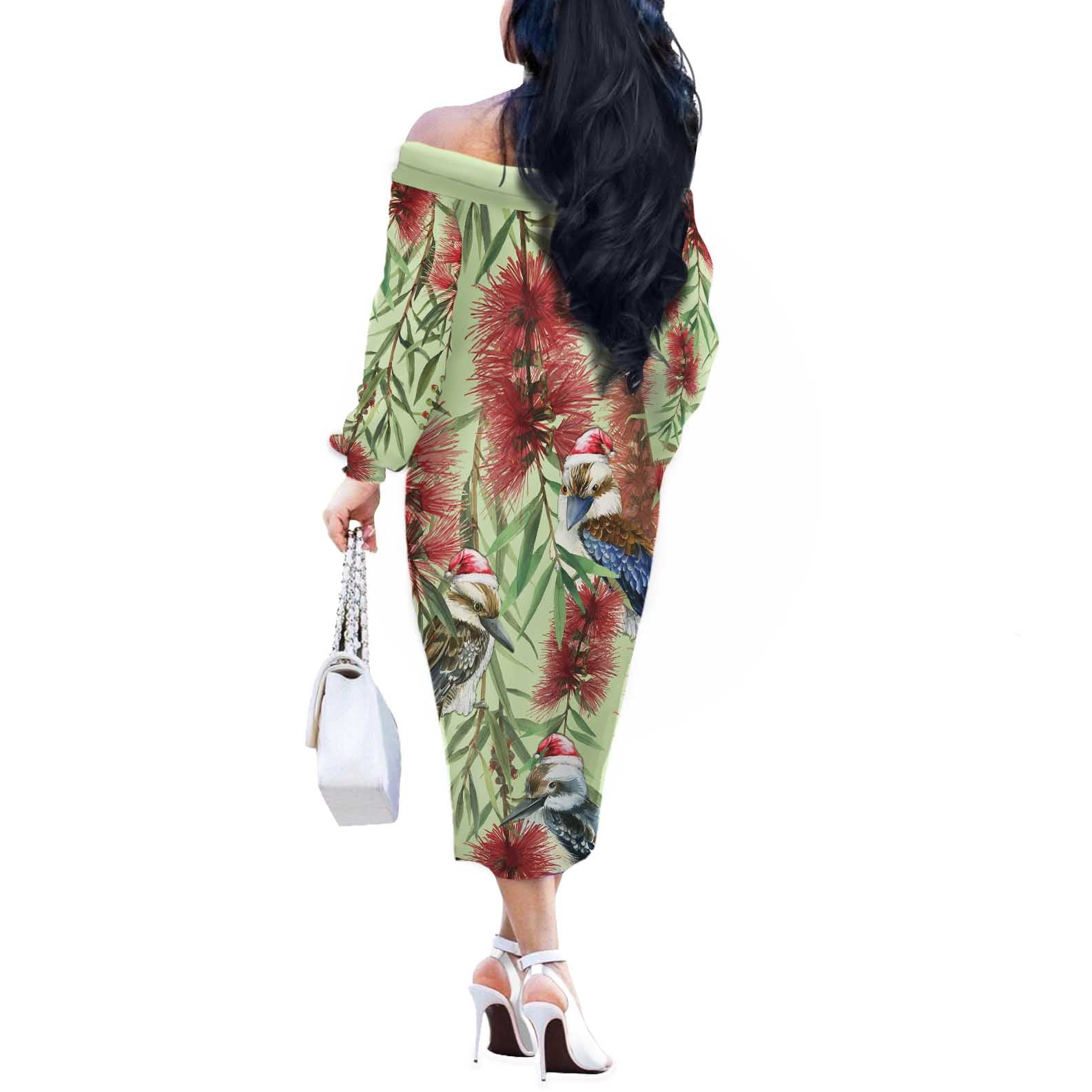Australia Christmas Off The Shoulder Long Sleeve Dress Kookaburra Santa on Callistemon - Pastel