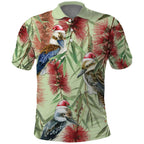 Australia Christmas Polo Shirt Kookaburra Santa on Callistemon - Pastel