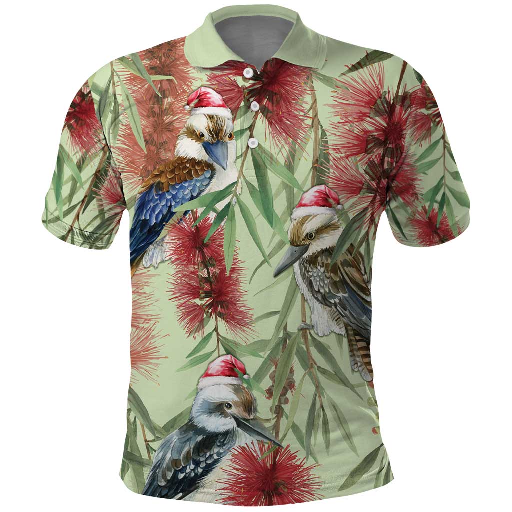 Australia Christmas Polo Shirt Kookaburra Santa on Callistemon - Pastel