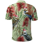 Australia Christmas Polo Shirt Kookaburra Santa on Callistemon - Pastel