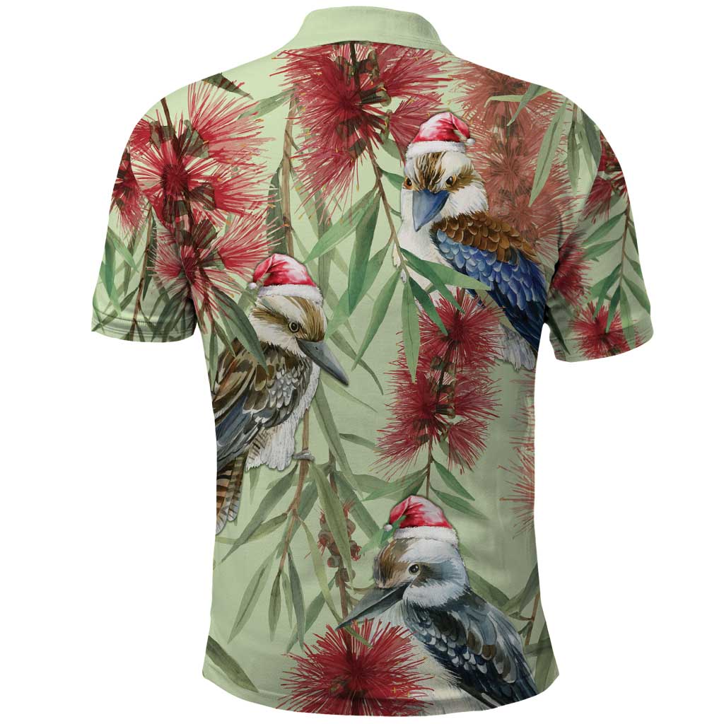 Australia Christmas Polo Shirt Kookaburra Santa on Callistemon - Pastel