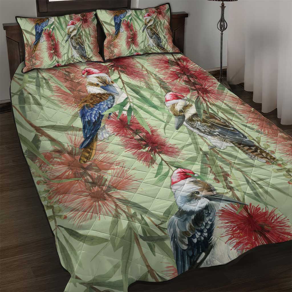 Australia Christmas Quilt Bed Set Kookaburra Santa on Callistemon - Pastel