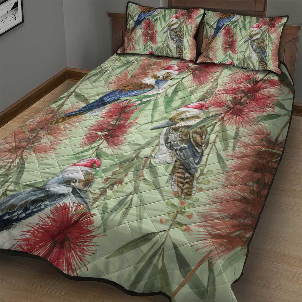 Australia Christmas Quilt Bed Set Kookaburra Santa on Callistemon - Pastel