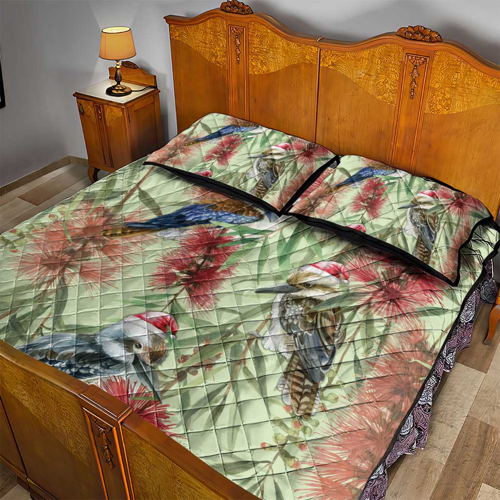 Australia Christmas Quilt Bed Set Kookaburra Santa on Callistemon - Pastel