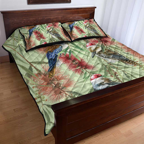 Australia Christmas Quilt Bed Set Kookaburra Santa on Callistemon - Pastel