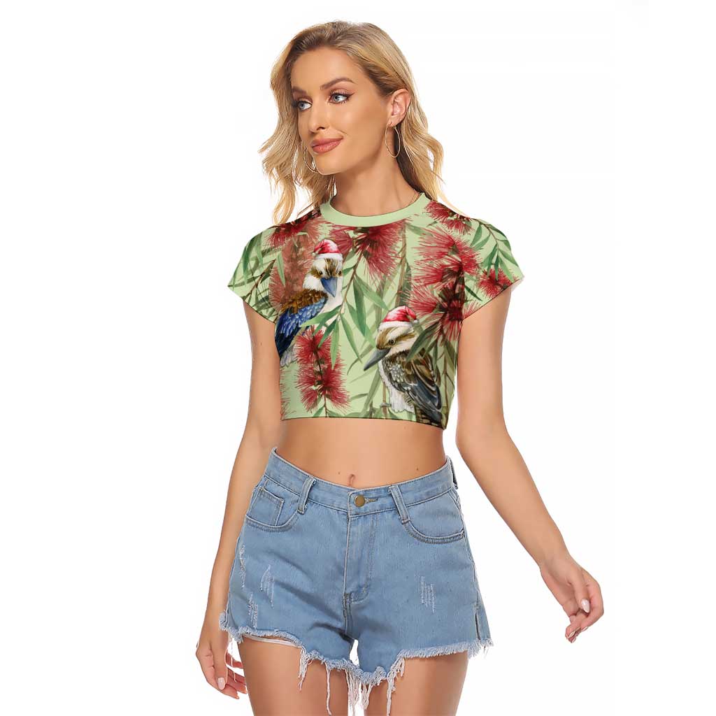Australia Christmas Raglan Cropped T Shirt Kookaburra Santa on Callistemon - Pastel