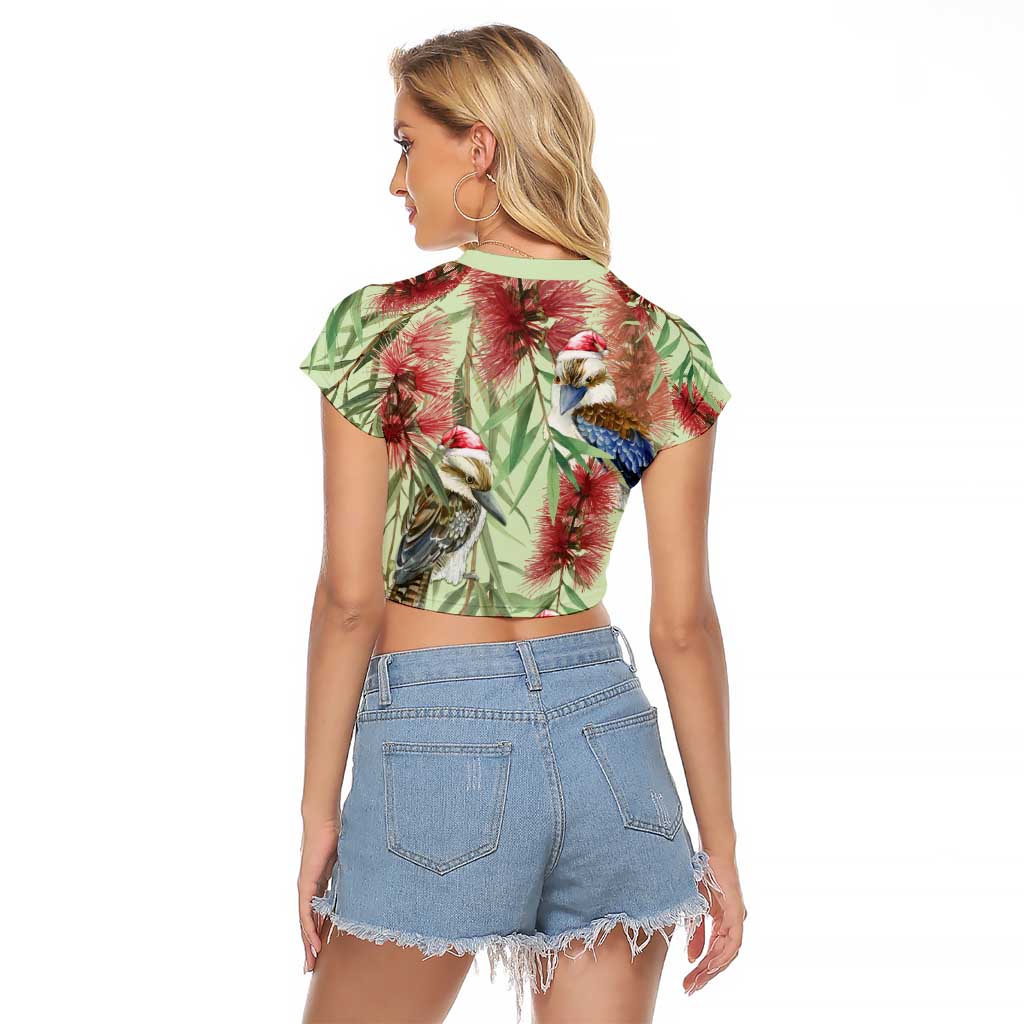 Australia Christmas Raglan Cropped T Shirt Kookaburra Santa on Callistemon - Pastel