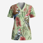 Australia Christmas Scrub Top Kookaburra Santa on Callistemon - Pastel - Aussie Hoodie
