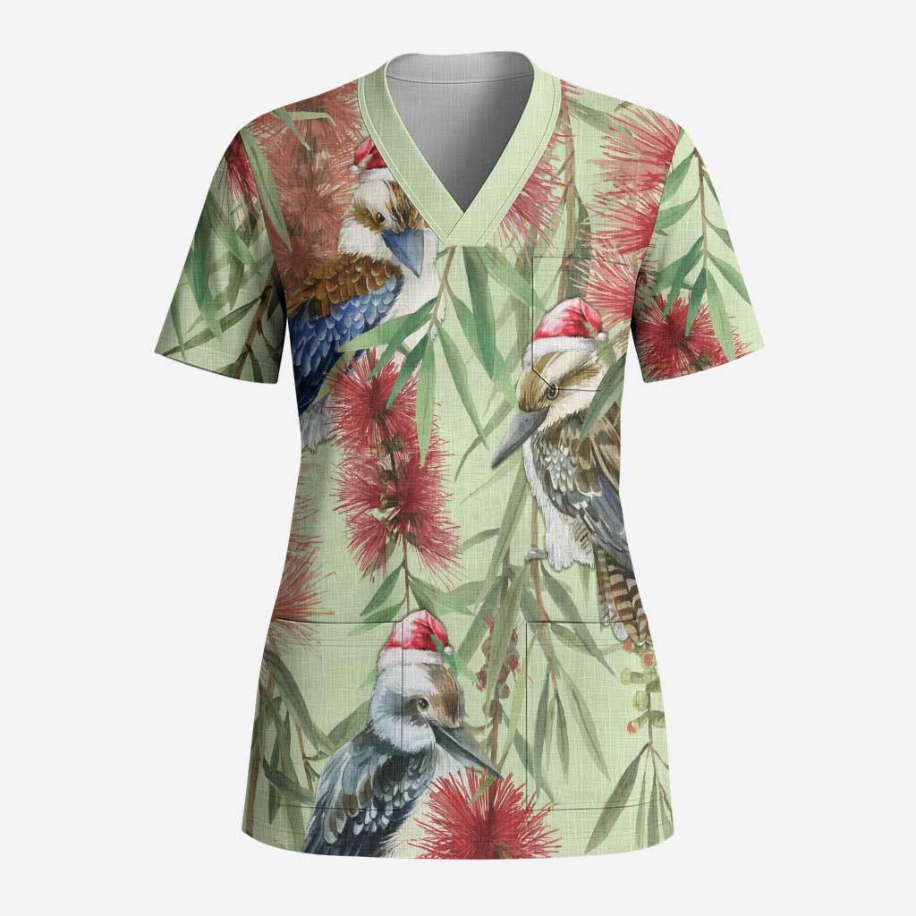 Australia Christmas Scrub Top Kookaburra Santa on Callistemon - Pastel - Aussie Hoodie