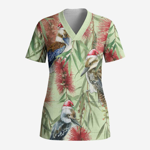 Australia Christmas Scrub Top Kookaburra Santa on Callistemon - Pastel - Aussie Hoodie