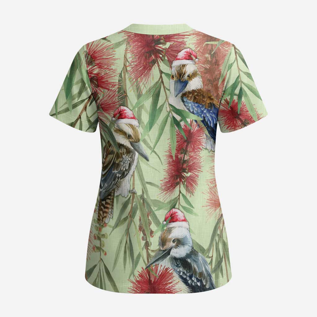 Australia Christmas Scrub Top Kookaburra Santa on Callistemon - Pastel - Aussie Hoodie