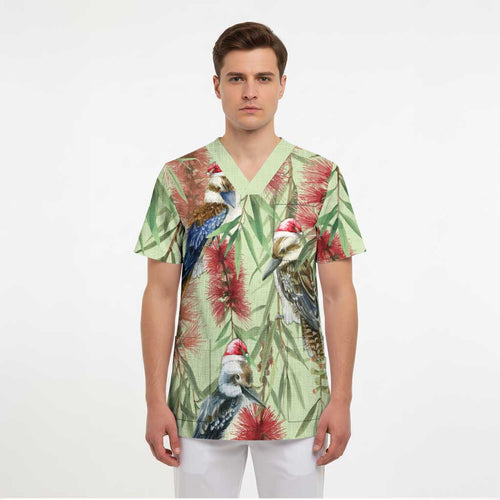 Australia Christmas Scrub Top Kookaburra Santa on Callistemon - Pastel - Aussie Hoodie