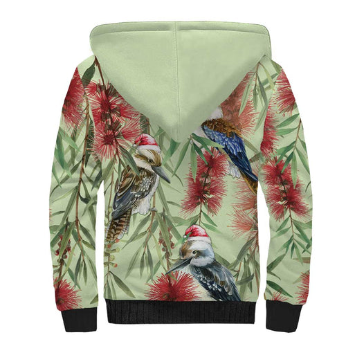 Australia Christmas Sherpa Hoodie Kookaburra Santa on Callistemon - Pastel
