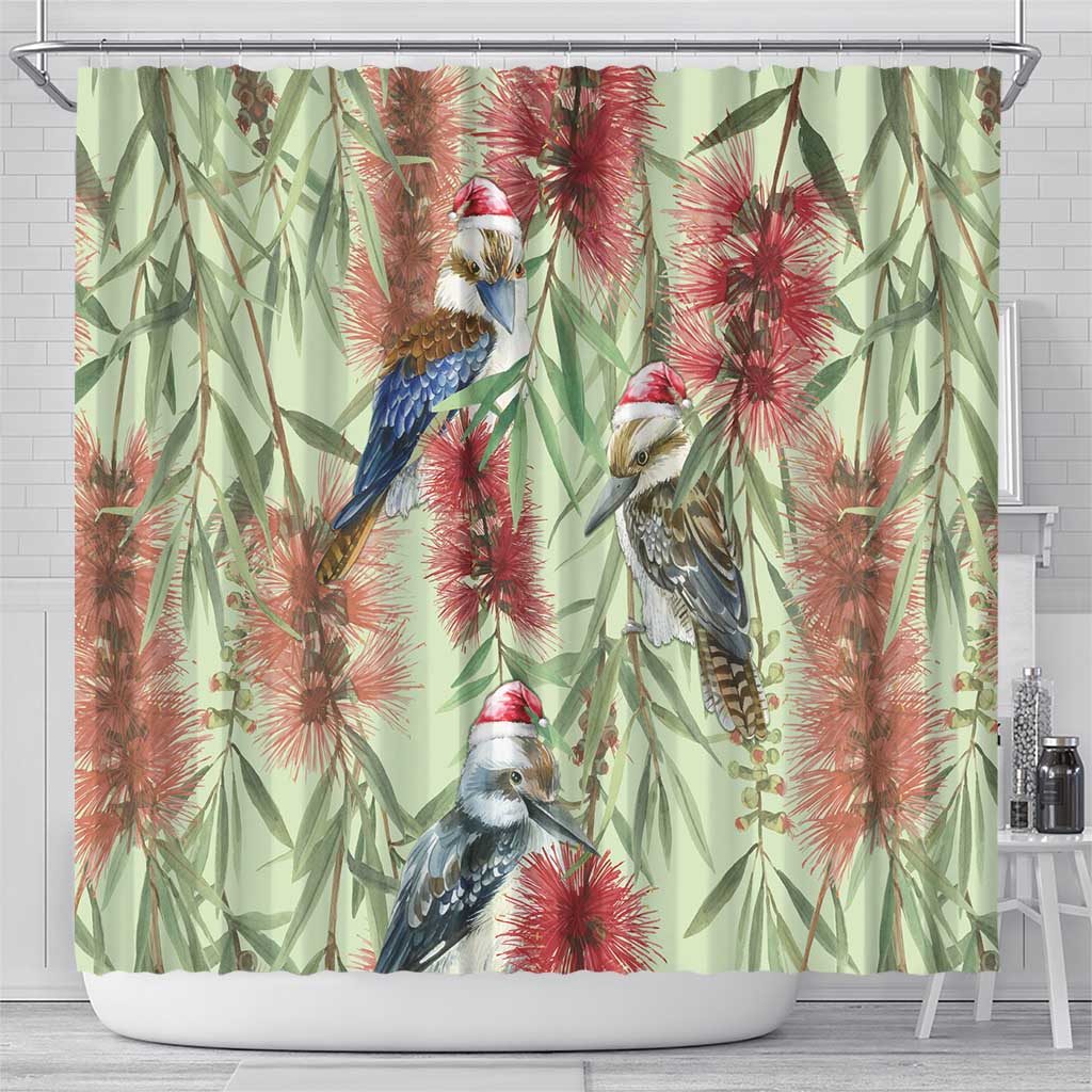 Australia Christmas Shower Curtain Kookaburra Santa on Callistemon - Pastel