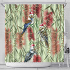 Australia Christmas Shower Curtain Kookaburra Santa on Callistemon - Pastel