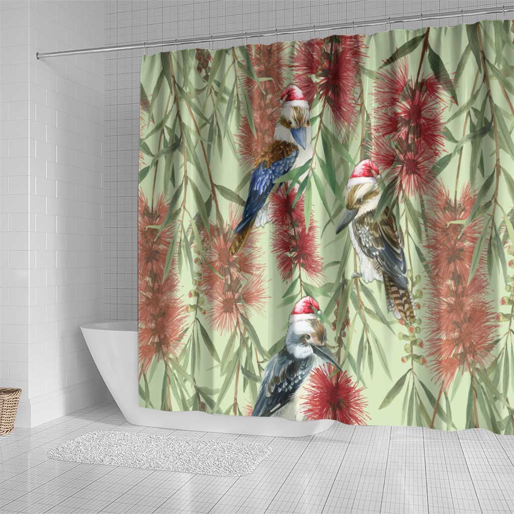 Australia Christmas Shower Curtain Kookaburra Santa on Callistemon - Pastel