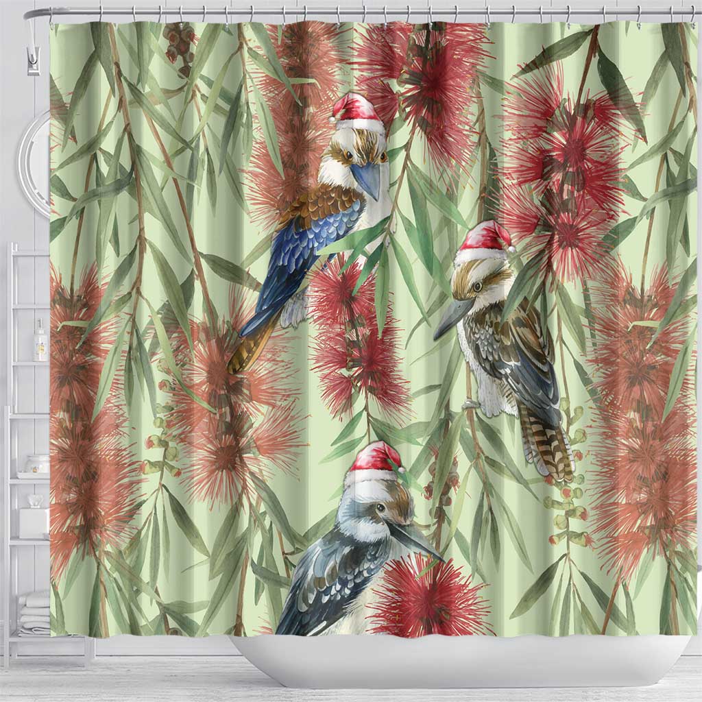 Australia Christmas Shower Curtain Kookaburra Santa on Callistemon - Pastel