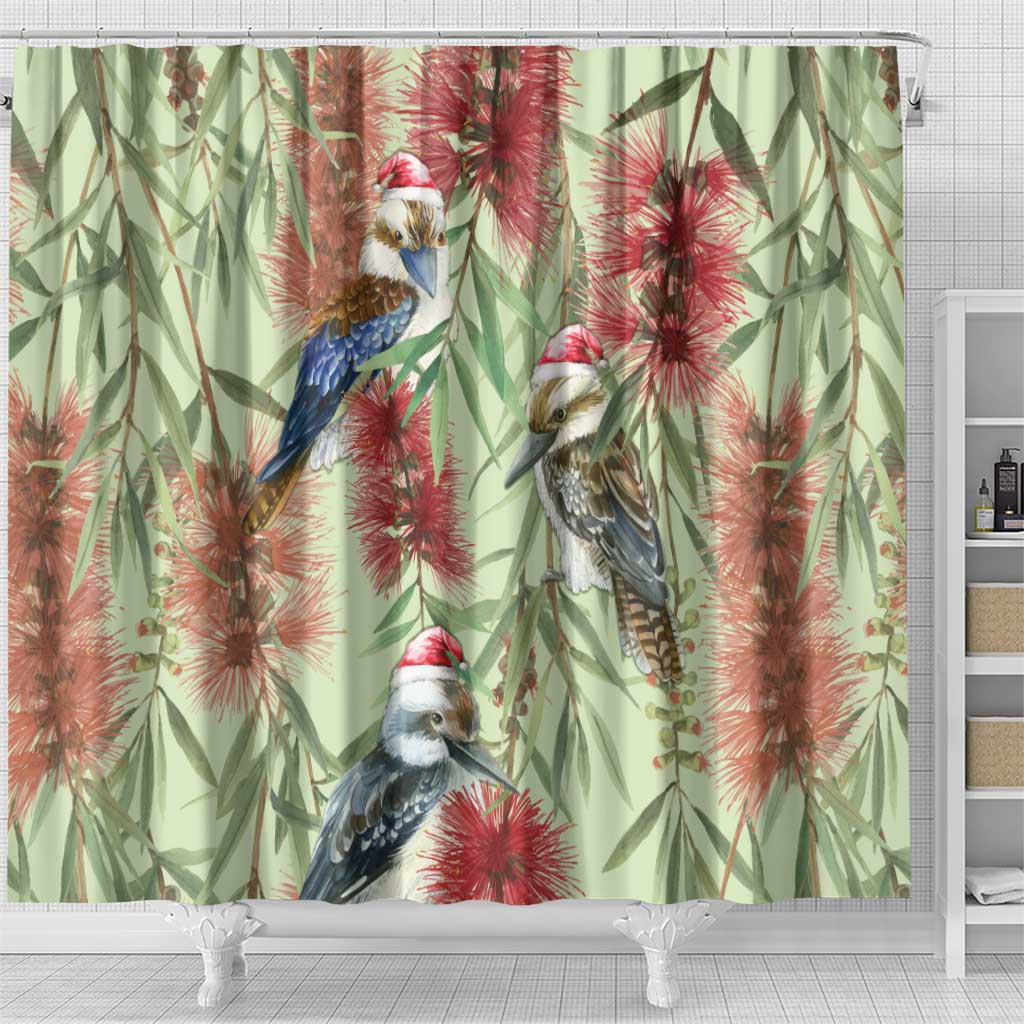 Australia Christmas Shower Curtain Kookaburra Santa on Callistemon - Pastel