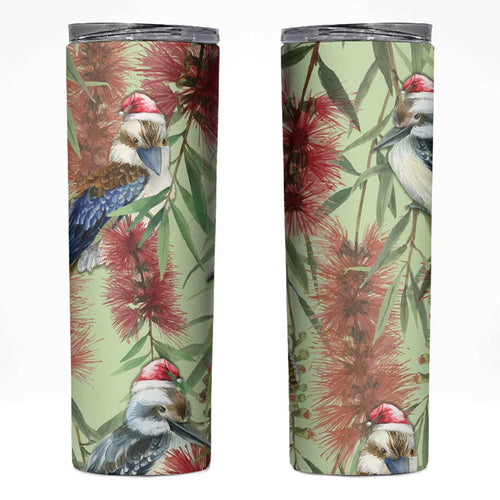 Australia Christmas Skinny Tumbler Kookaburra Santa on Callistemon - Pastel