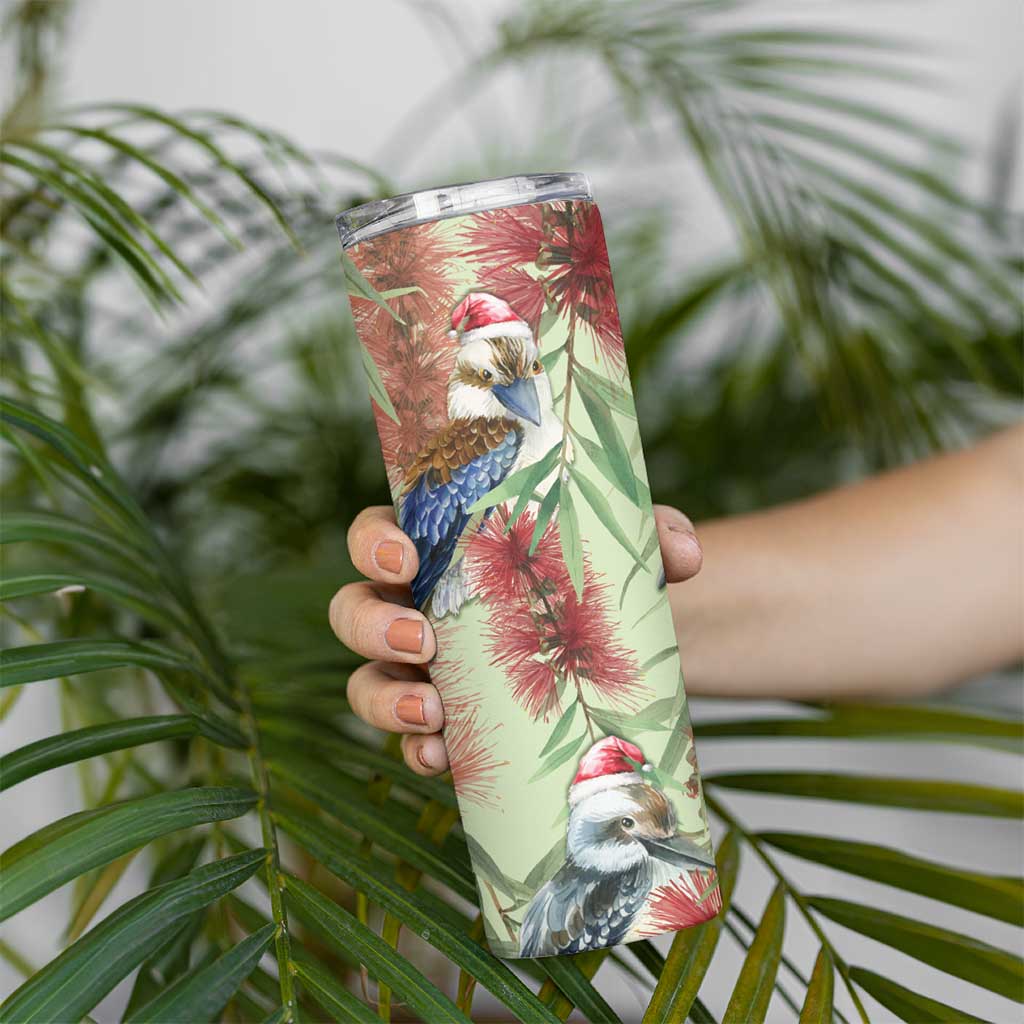 Australia Christmas Skinny Tumbler Kookaburra Santa on Callistemon - Pastel