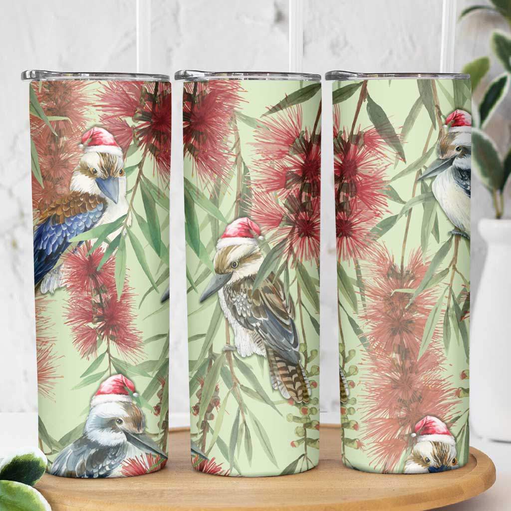 Australia Christmas Skinny Tumbler Kookaburra Santa on Callistemon - Pastel