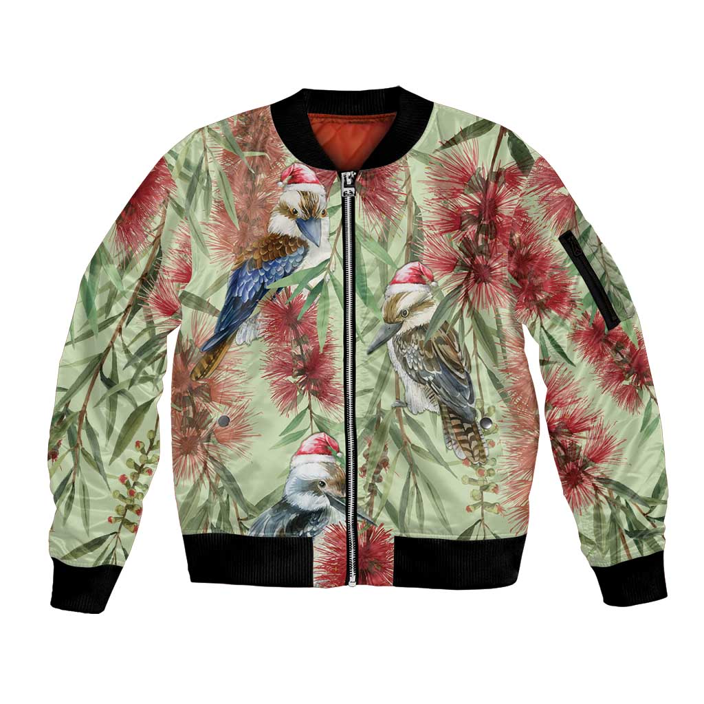 Australia Christmas Sleeve Zip Bomber Jacket Kookaburra Santa on Callistemon - Pastel