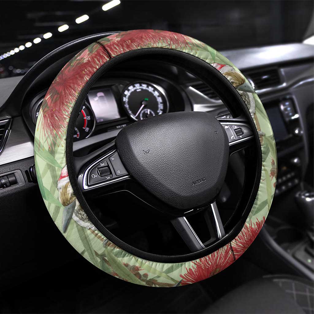 Australia Christmas Steering Wheel Cover Kookaburra Santa on Callistemon - Pastel