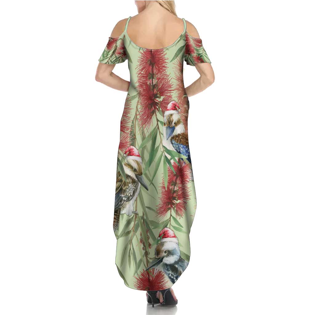Australia Christmas Summer Maxi Dress Kookaburra Santa on Callistemon - Pastel