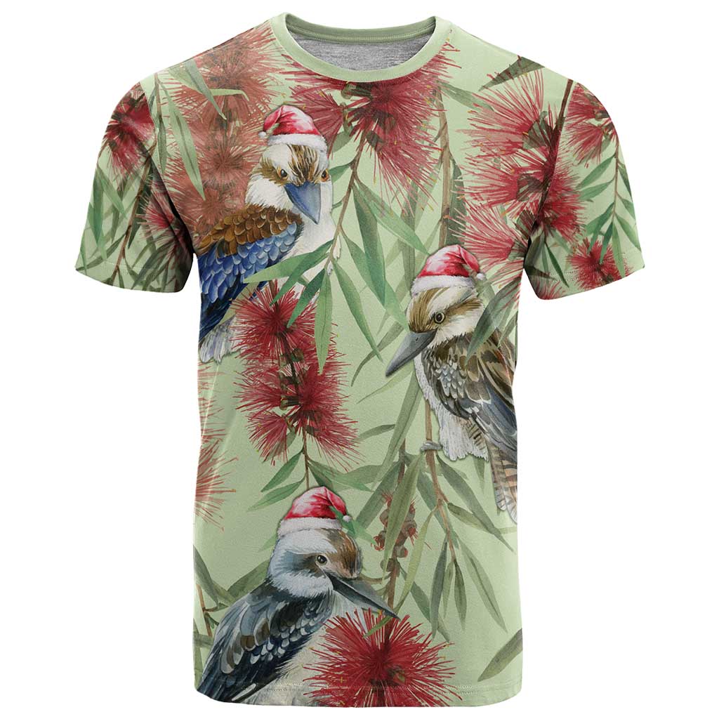 Australia Christmas T Shirt Kookaburra Santa on Callistemon - Pastel