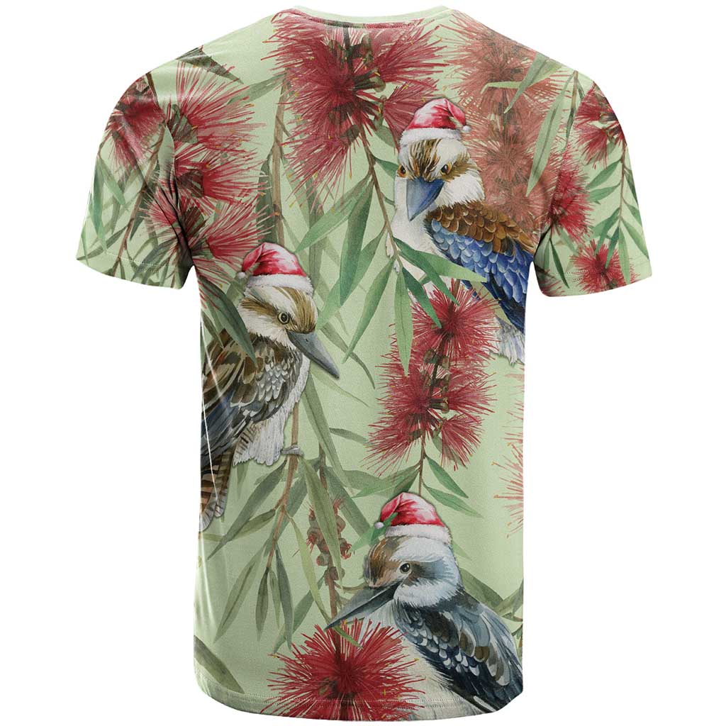 Australia Christmas T Shirt Kookaburra Santa on Callistemon - Pastel