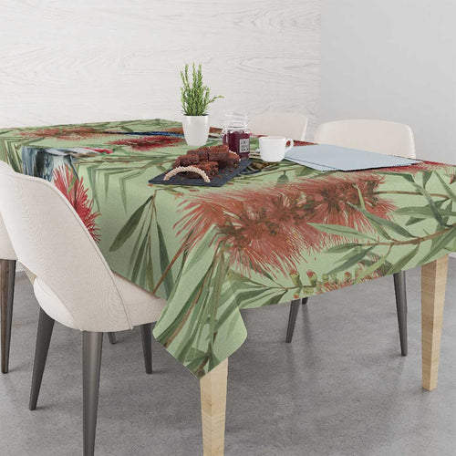 Australia Christmas Tablecloth Kookaburra Santa on Callistemon - Pastel