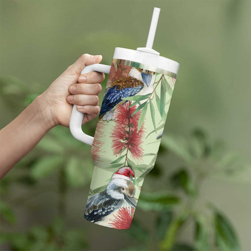 Australia Christmas Tumbler With Handle Kookaburra Santa on Callistemon - Pastel