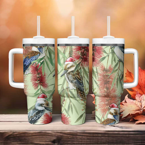 Australia Christmas Tumbler With Handle Kookaburra Santa on Callistemon - Pastel