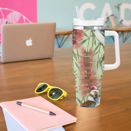 Australia Christmas Tumbler With Handle Kookaburra Santa on Callistemon - Pastel