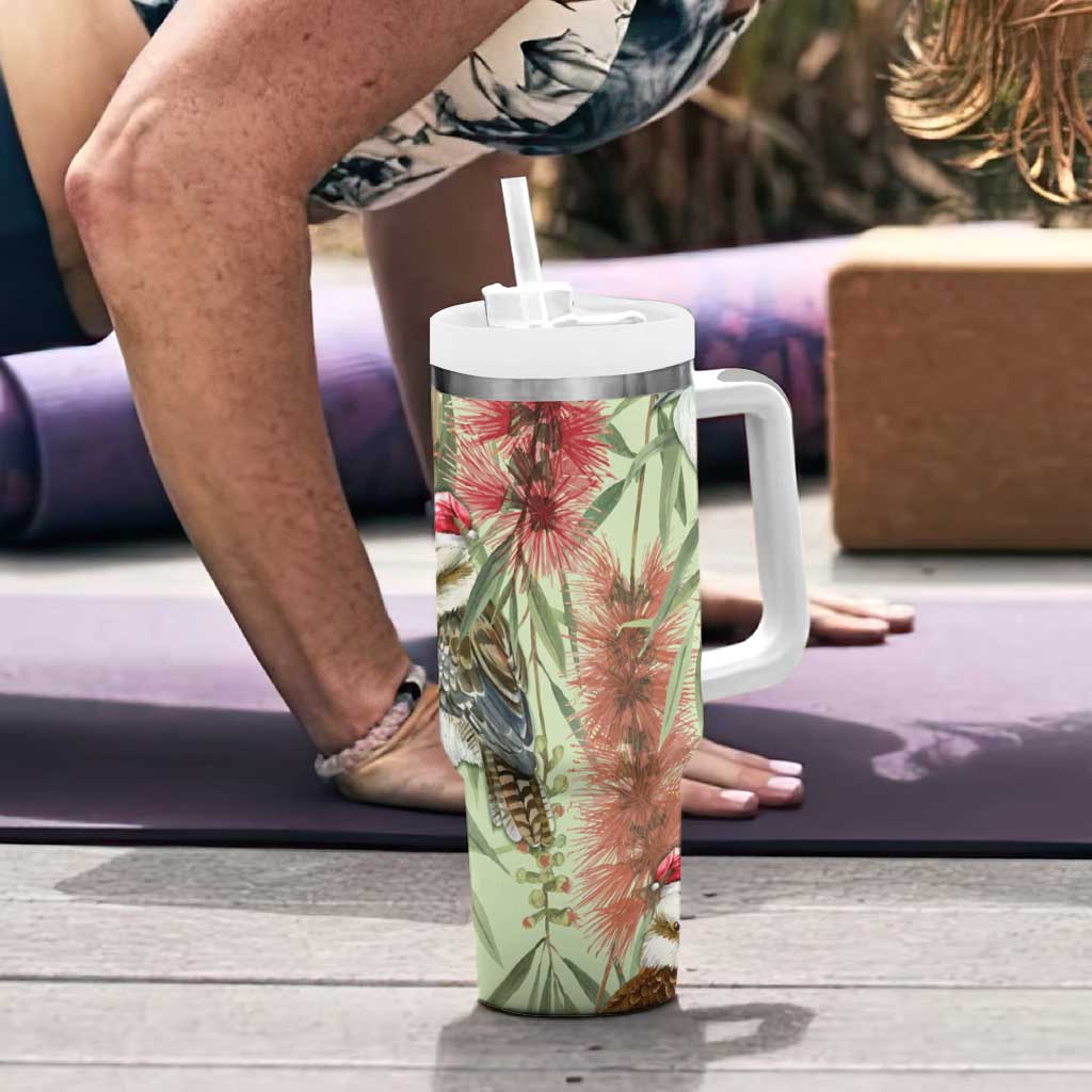 Australia Christmas Tumbler With Handle Kookaburra Santa on Callistemon - Pastel