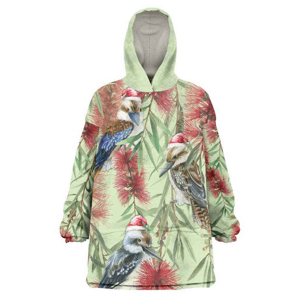 Australia Christmas Wearable Blanket Hoodie Kookaburra Santa on Callistemon - Pastel