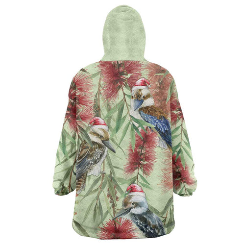 Australia Christmas Wearable Blanket Hoodie Kookaburra Santa on Callistemon - Pastel