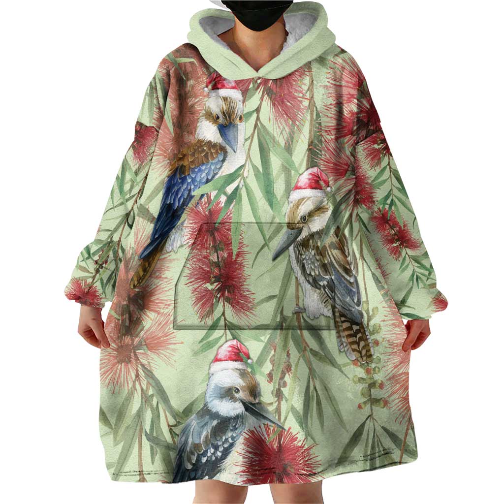 Australia Christmas Wearable Blanket Hoodie Kookaburra Santa on Callistemon - Pastel