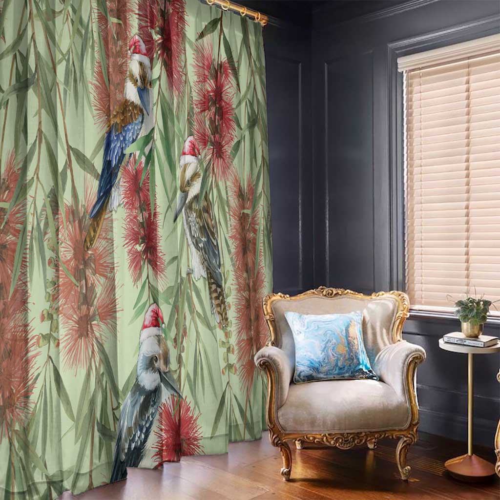 Australia Christmas Window Curtain Kookaburra Santa on Callistemon - Pastel