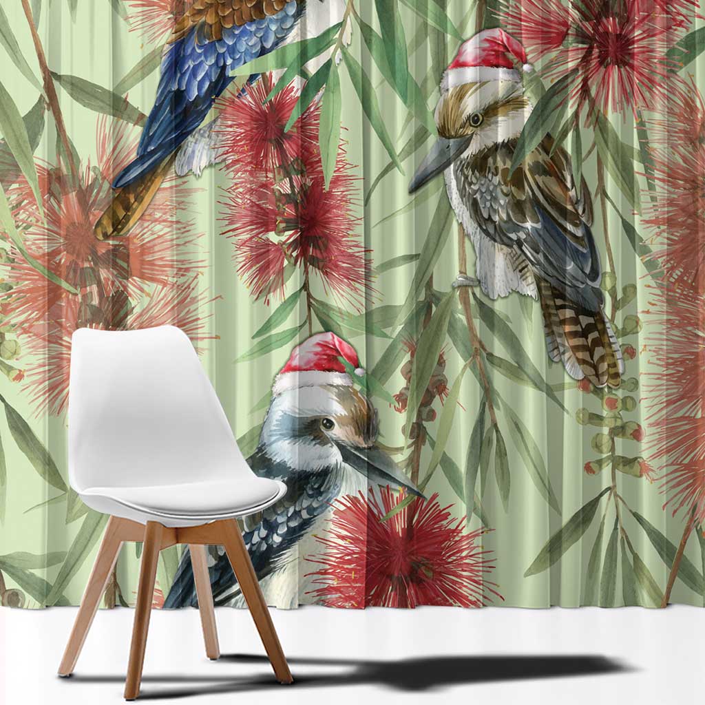 Australia Christmas Window Curtain Kookaburra Santa on Callistemon - Pastel