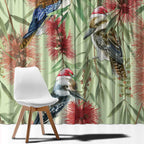 Australia Christmas Window Curtain Kookaburra Santa on Callistemon - Pastel