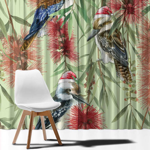 Australia Christmas Window Curtain Kookaburra Santa on Callistemon - Pastel