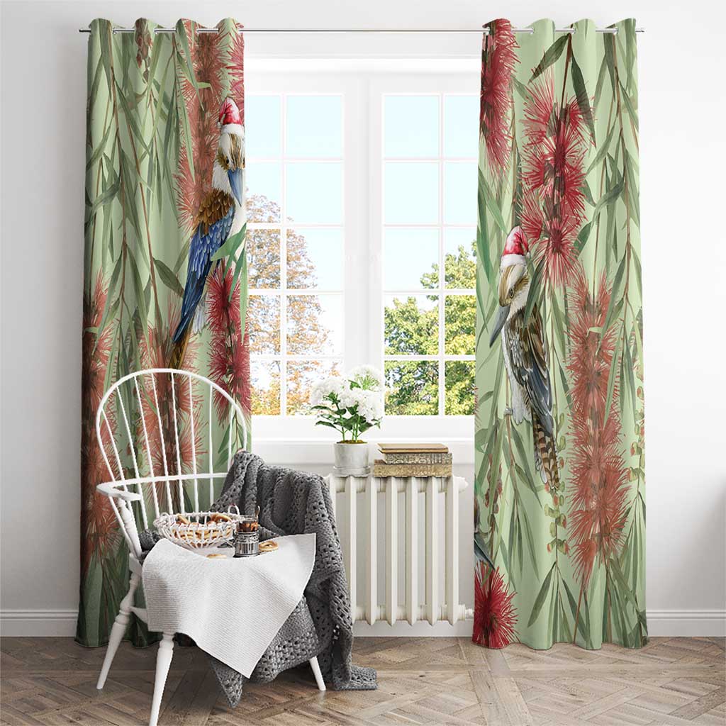 Australia Christmas Window Curtain Kookaburra Santa on Callistemon - Pastel