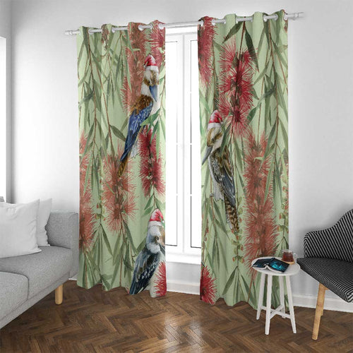 Australia Christmas Window Curtain Kookaburra Santa on Callistemon - Pastel