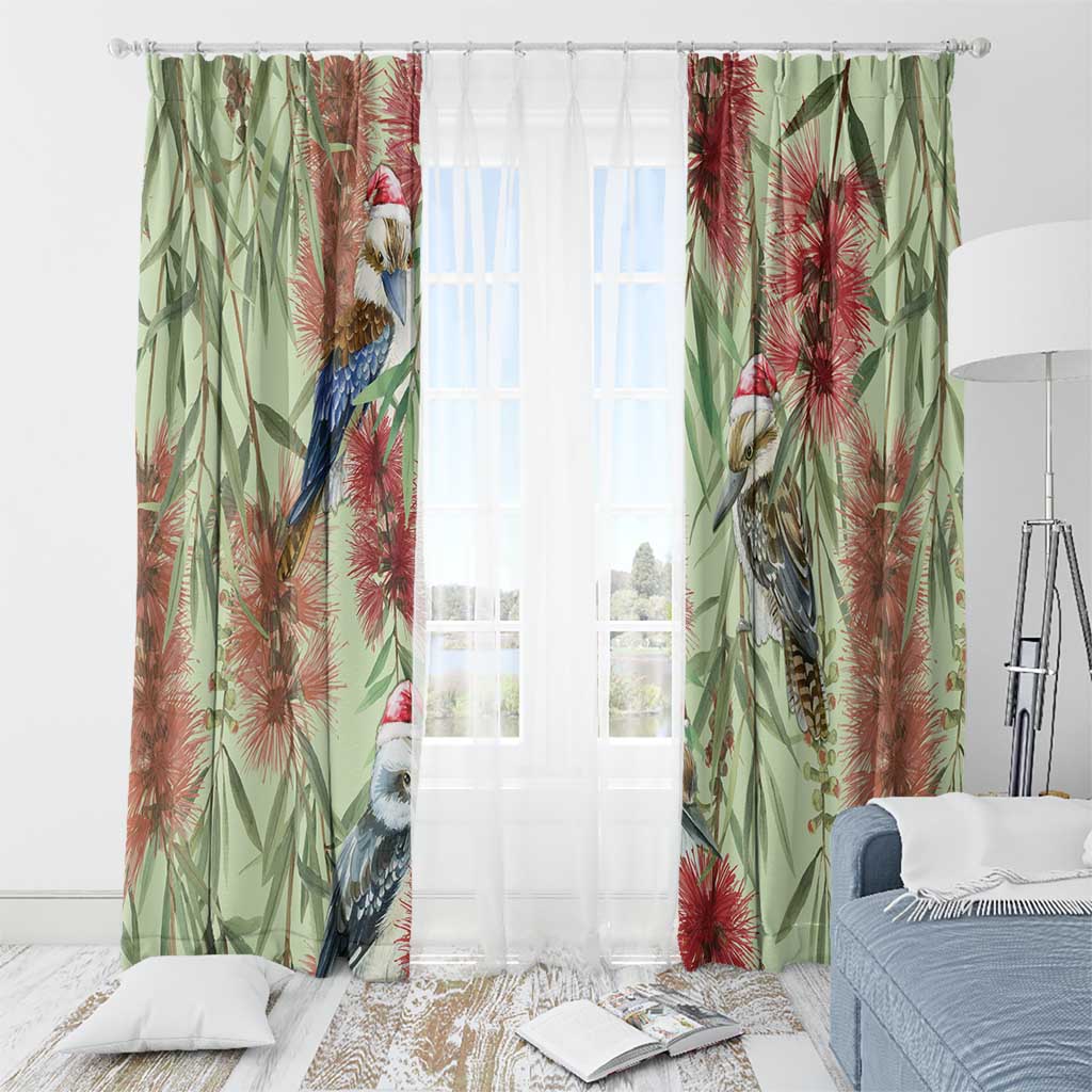 Australia Christmas Window Curtain Kookaburra Santa on Callistemon - Pastel