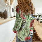 Australia Christmas Women Casual Shirt Kookaburra Santa on Callistemon - Pastel