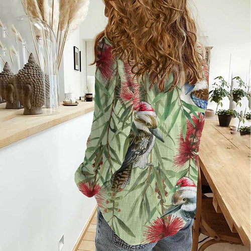 Australia Christmas Women Casual Shirt Kookaburra Santa on Callistemon - Pastel