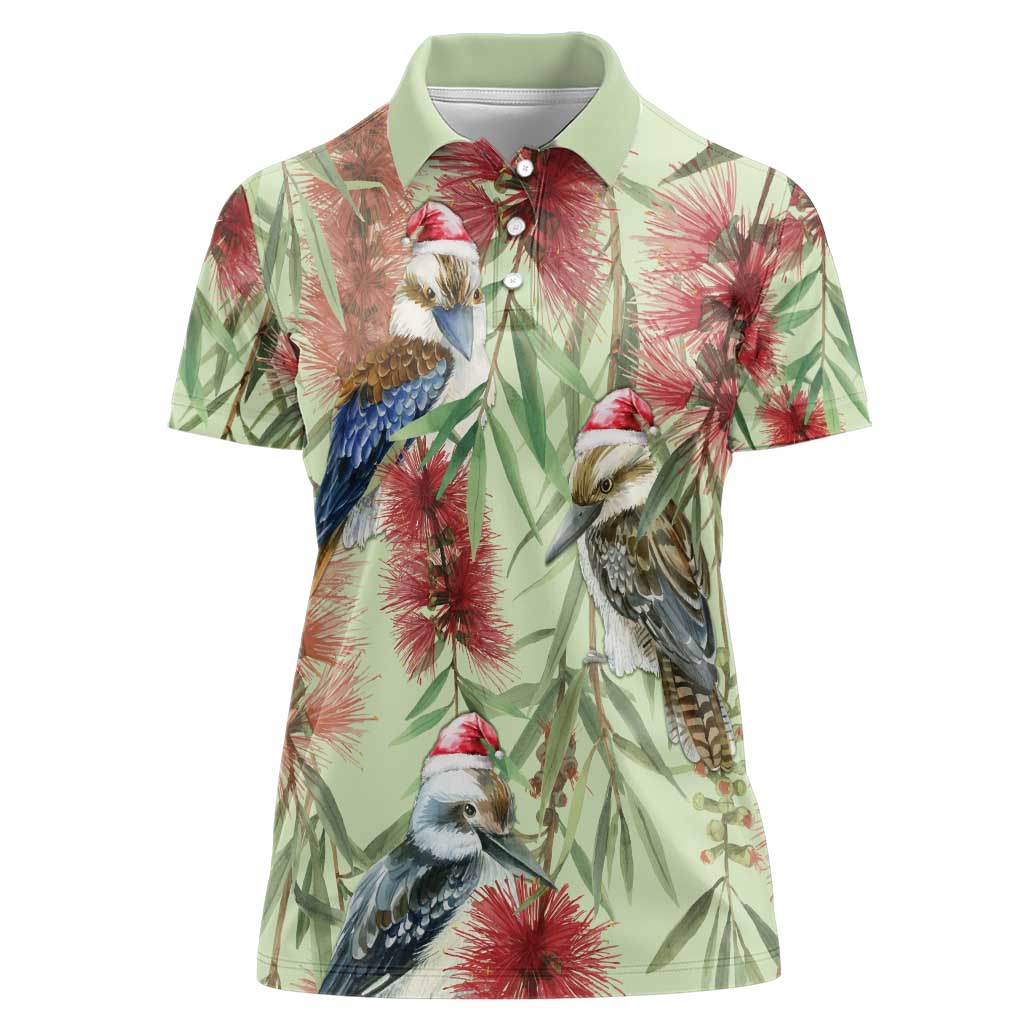 Australia Christmas Women Polo Shirt Kookaburra Santa on Callistemon - Pastel
