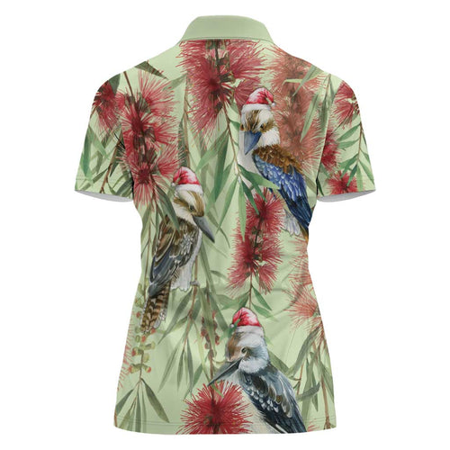 Australia Christmas Women Polo Shirt Kookaburra Santa on Callistemon - Pastel
