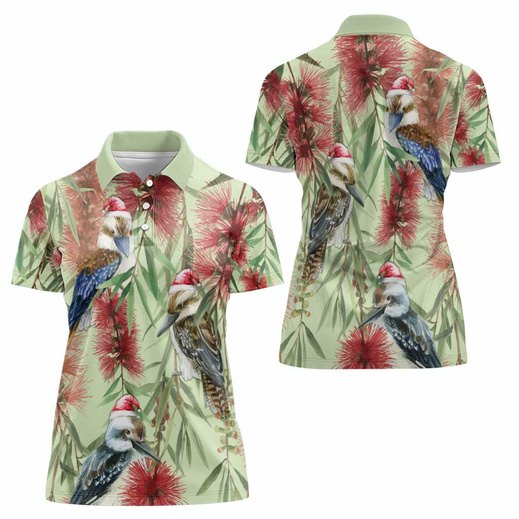Australia Christmas Women Polo Shirt Kookaburra Santa on Callistemon - Pastel